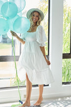 New Summer Dot Flounce Sleeve Smocked Tiered Midi Dress – Fluttering, Charming Swiss Dot Dress with Flounce Sleeves, Smocked Waist, and Tiered Design