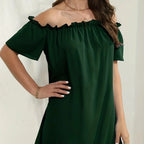 Women's Solid Color Off Shoulder Pleated Decorative Dress, One Shoulder Casual Dress - SJB-DIAMOND ELITES