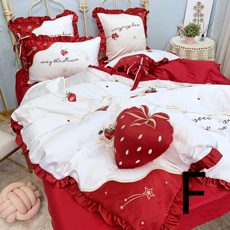 Strawberry Embroidery Cotton Four-Piece Cotton Bedding Silk Duvet Cover Pi-Mart
