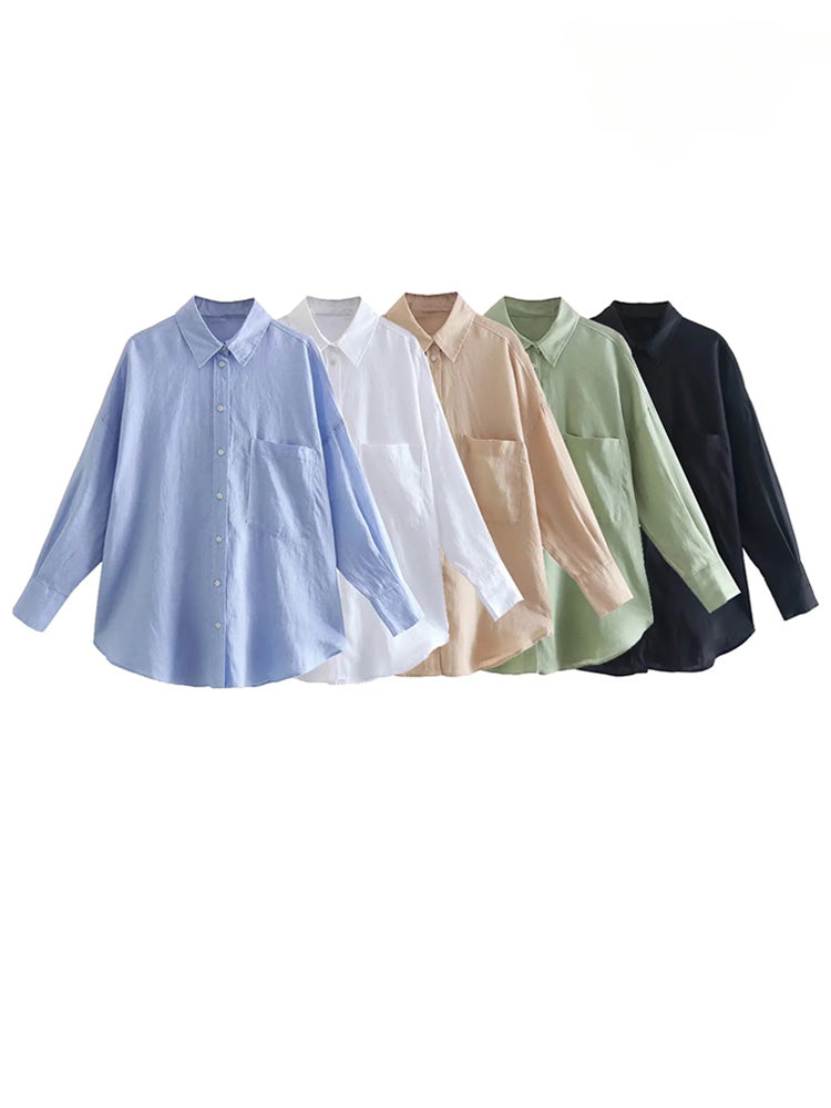 Women's Oversized Linen Shirt - Vintage Long Sleeve Pocket Blouse - SJB-DIAMOND ELITES