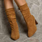 Pointed Toe High Block Heels Boots Woman Winter Warm Mid-calf Suede Long Boots New Fashion Trendy Solid Shoes For Party Lady Pi-Mart