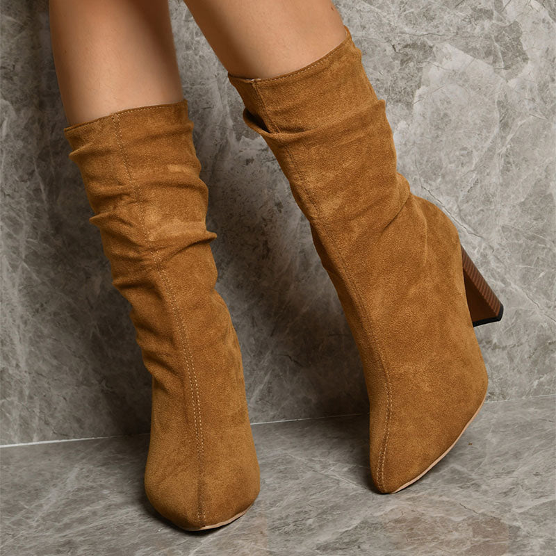 Pointed Toe High Block Heels Boots Woman Winter Warm Mid-calf Suede Long Boots New Fashion Trendy Solid Shoes For Party Lady Pi-Mart