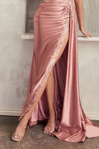 Satin Fiitted Gown With Sash & Lace Detail Purplish Diva
