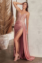 Satin Fiitted Gown With Sash & Lace Detail Purplish Diva
