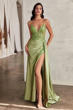 Satin Fiitted Gown With Sash & Lace Detail Purplish Diva