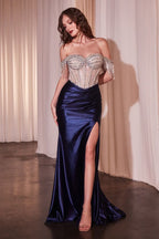 Embellished Off The Shoulder Satin Gown Purplish Diva