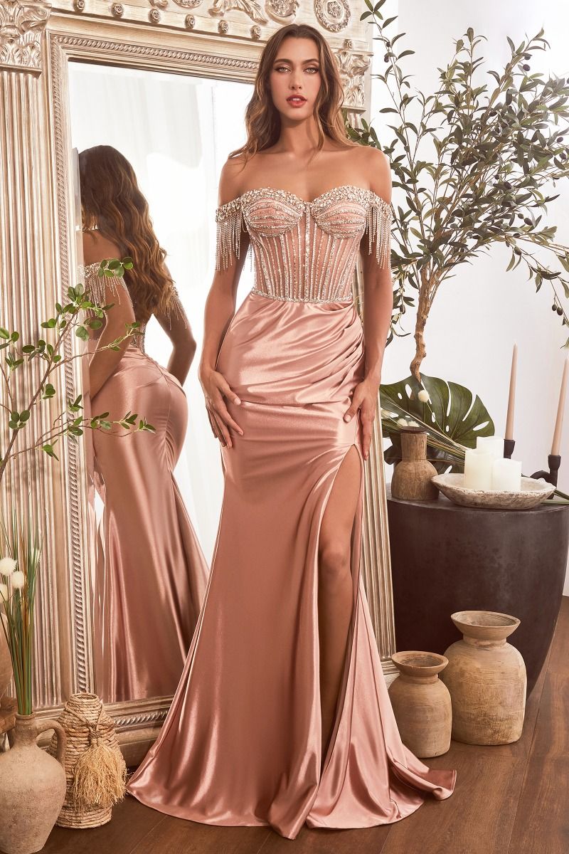 Embellished Off The Shoulder Satin Gown Purplish Diva