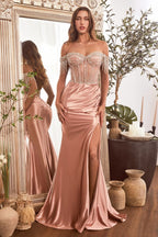 Embellished Off The Shoulder Satin Gown Purplish Diva