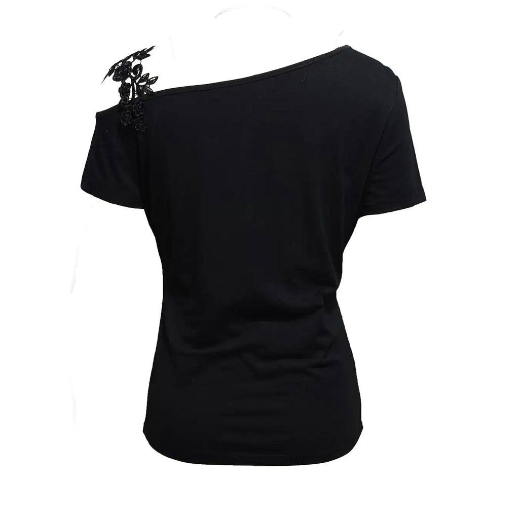 Ladies' Solid Color Lace Appliqu E Shoulder Strap Slanted Shoulder Collar Off Shoulder Elegant Design T-shirt Top - SJB-DIAMOND ELITES