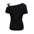 Ladies' Solid Color Lace Appliqu E Shoulder Strap Slanted Shoulder Collar Off Shoulder Elegant Design T-shirt Top - SJB-DIAMOND ELITES