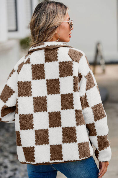 Elegant Checkered Snap Down Long Sleeve Teddy Jacket Soft & Warm Colorful Jacket Stevvex