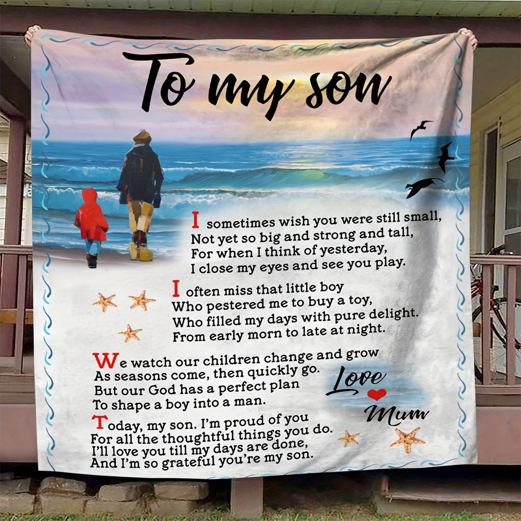 1pc To My Son Blanket Creative Text Letter To Son Soft Blanket Flannel Blanket For Couch Sofa Office Bed Camping Travel, Multi-purpose Gift Blanket For All Season Lootquake LLC