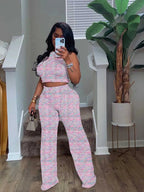 2 Piece Sets Womens Outfits Elegant Stretchy Knitted Summer Suit Sexy Sleeveless Top and Pant Suit Wholesale Dropshipping Purplish Diva