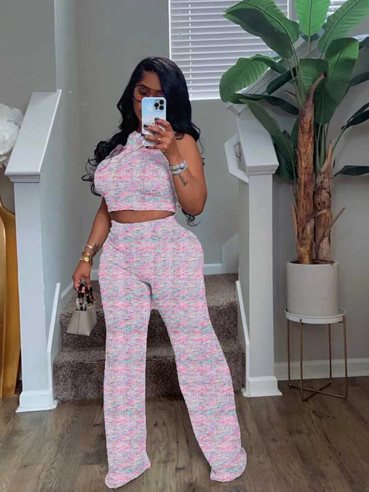 2 Piece Sets Womens Outfits Elegant Stretchy Knitted Summer Suit Sexy Sleeveless Top and Pant Suit Wholesale Dropshipping Purplish Diva
