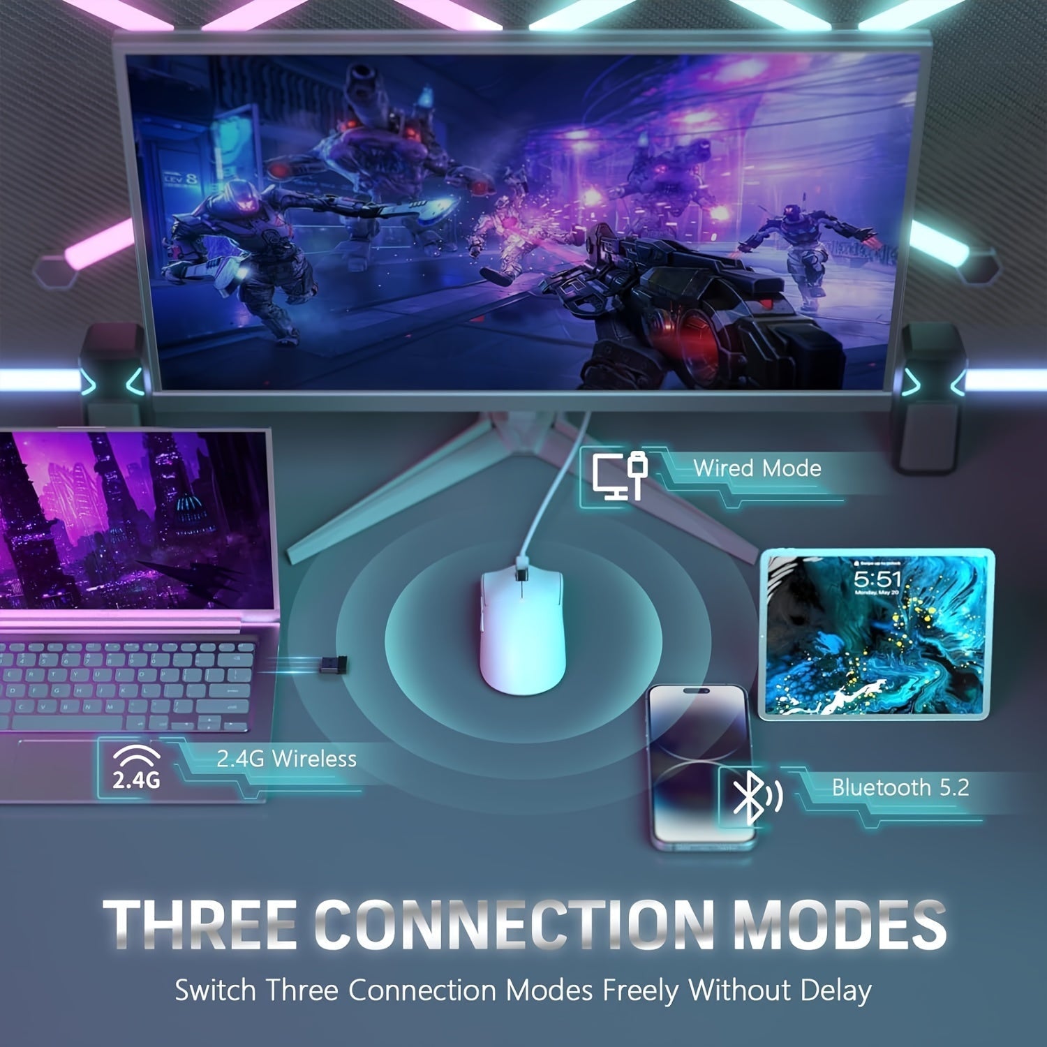 Lightweight Wireless Gaming Mouse X11 with RGB Charging Base, Tri-mode-2.4G/USB-C Wired/BT, Up to 22K DPI, PAW3311 Optical Sensor, HUYU for Switch, 5 Programmable Buttons, Suitable for PC/Mac White Lootquake LLC