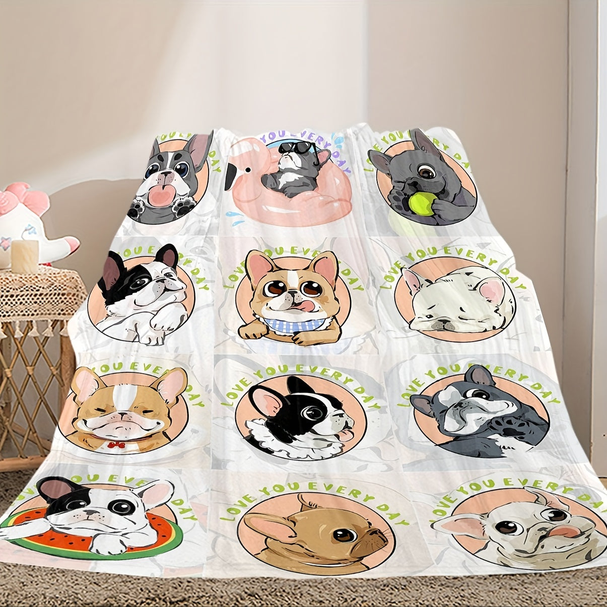 1pc Cute French Bulldog Gentle Blanket Soft Cozy Throw Blanket Nap Blanket Travel Couch Bed Office Home Decor, Gift Blanket, Available All Seasons