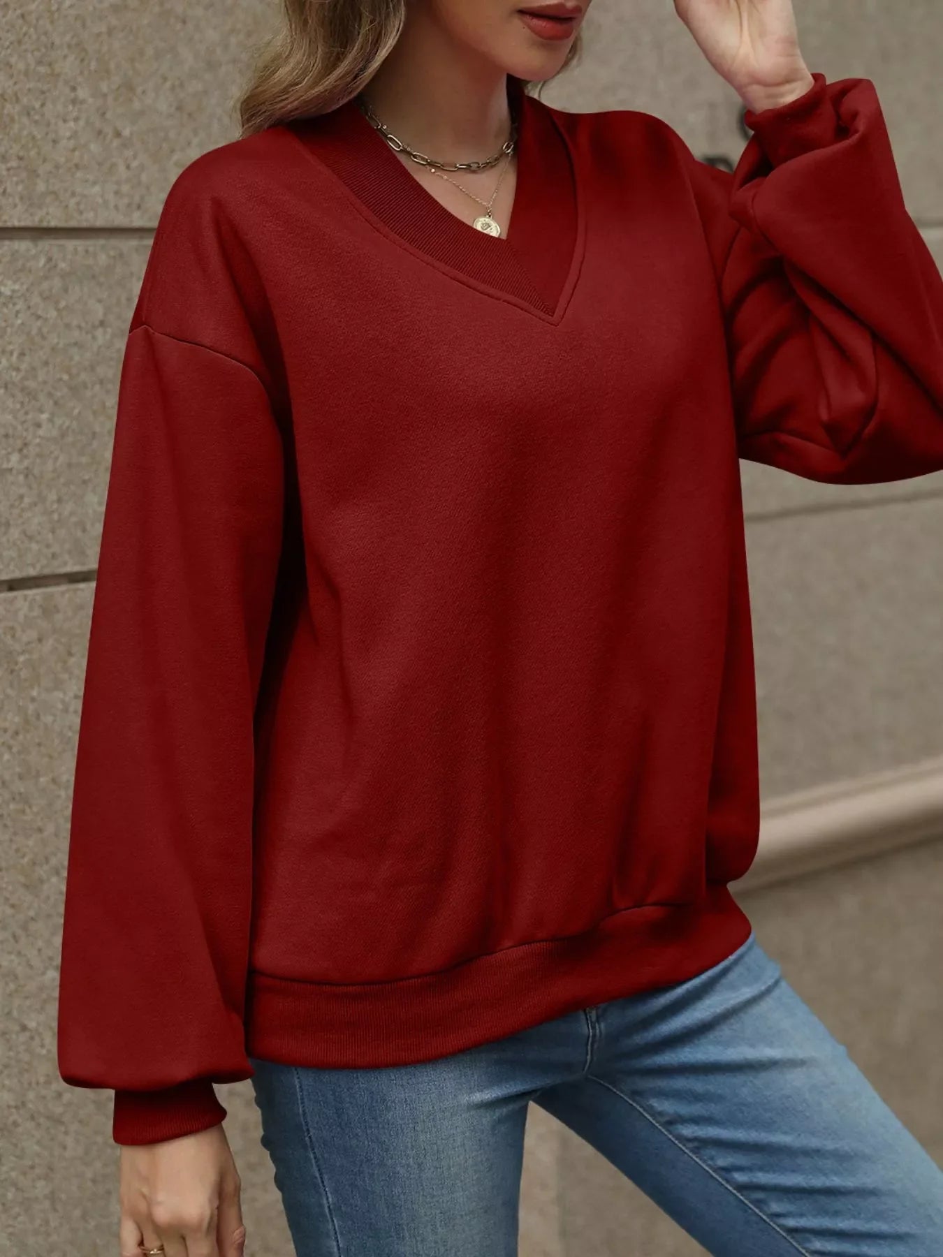 V-Neck Solid Color Casual Sweatshirt THRIXINE