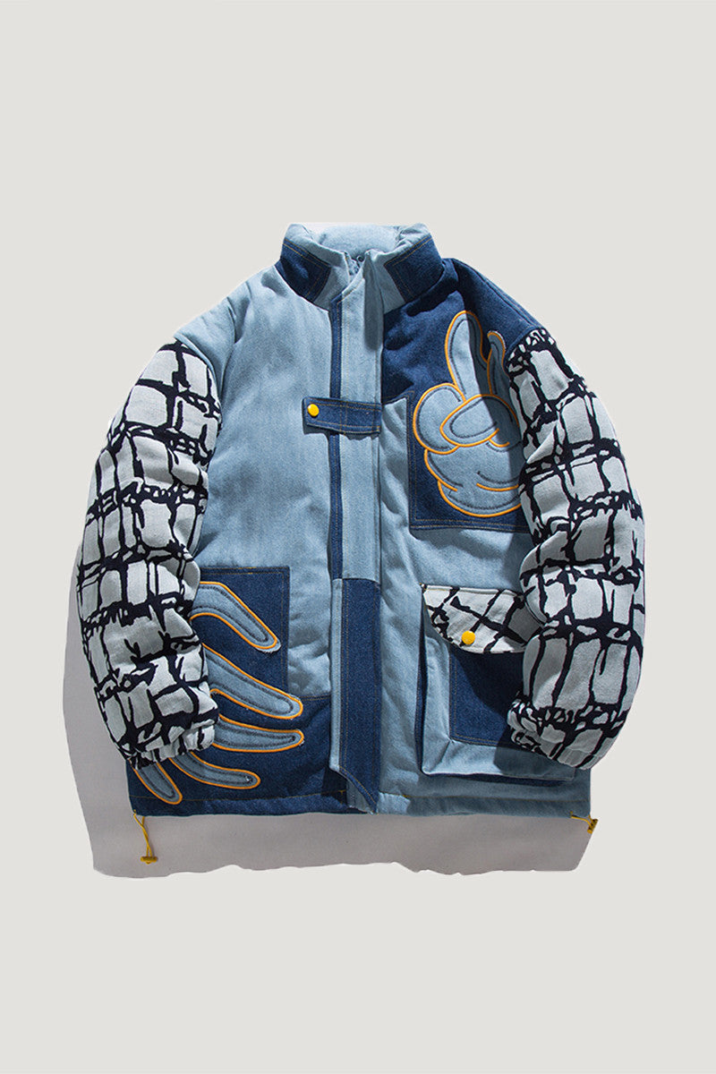 Denim Stitching Embroidered Stand-up Collar Cotton Coat Pi-Mart