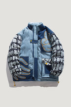 Denim Stitching Embroidered Stand-up Collar Cotton Coat Pi-Mart