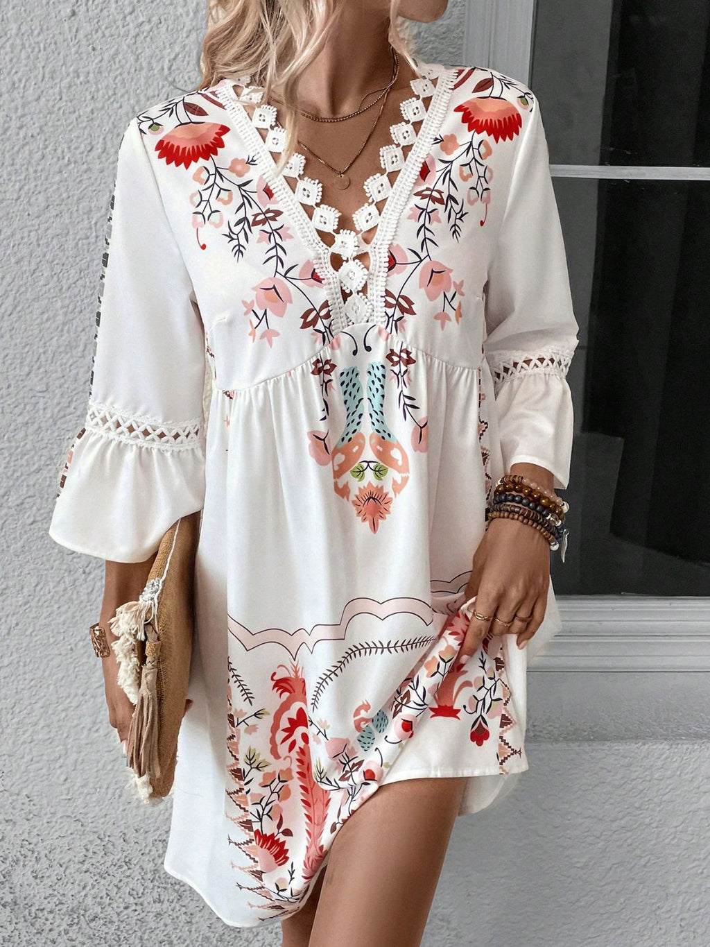 Exquisite Summer Feminine Lace Detail Printed Dress Chic Midi Lightweight Dress Stevvex