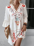 Exquisite Summer Feminine Lace Detail Printed Dress Chic Midi Lightweight Dress Stevvex