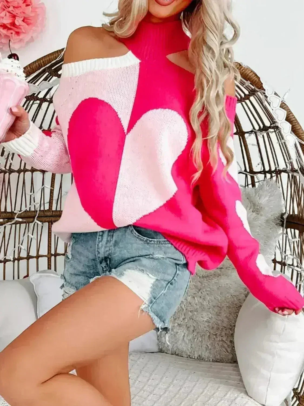 Valentine's Day Heart Turtleneck Cold Shoulder Sweater - SJB-DIAMOND ELITES
