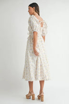 Floral Drawstring Detail Puff Sleeve Midi Dress – Romantic Floral Midi Dress, Ruched Drawstring Dress, Feminine Puff Sleeve Dress, Trendy Garden Party Dress For Summer