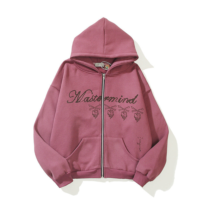 Design Letter Print Skull Burgundy Pullover Zip Jacket Sweatshirt Pi-Mart