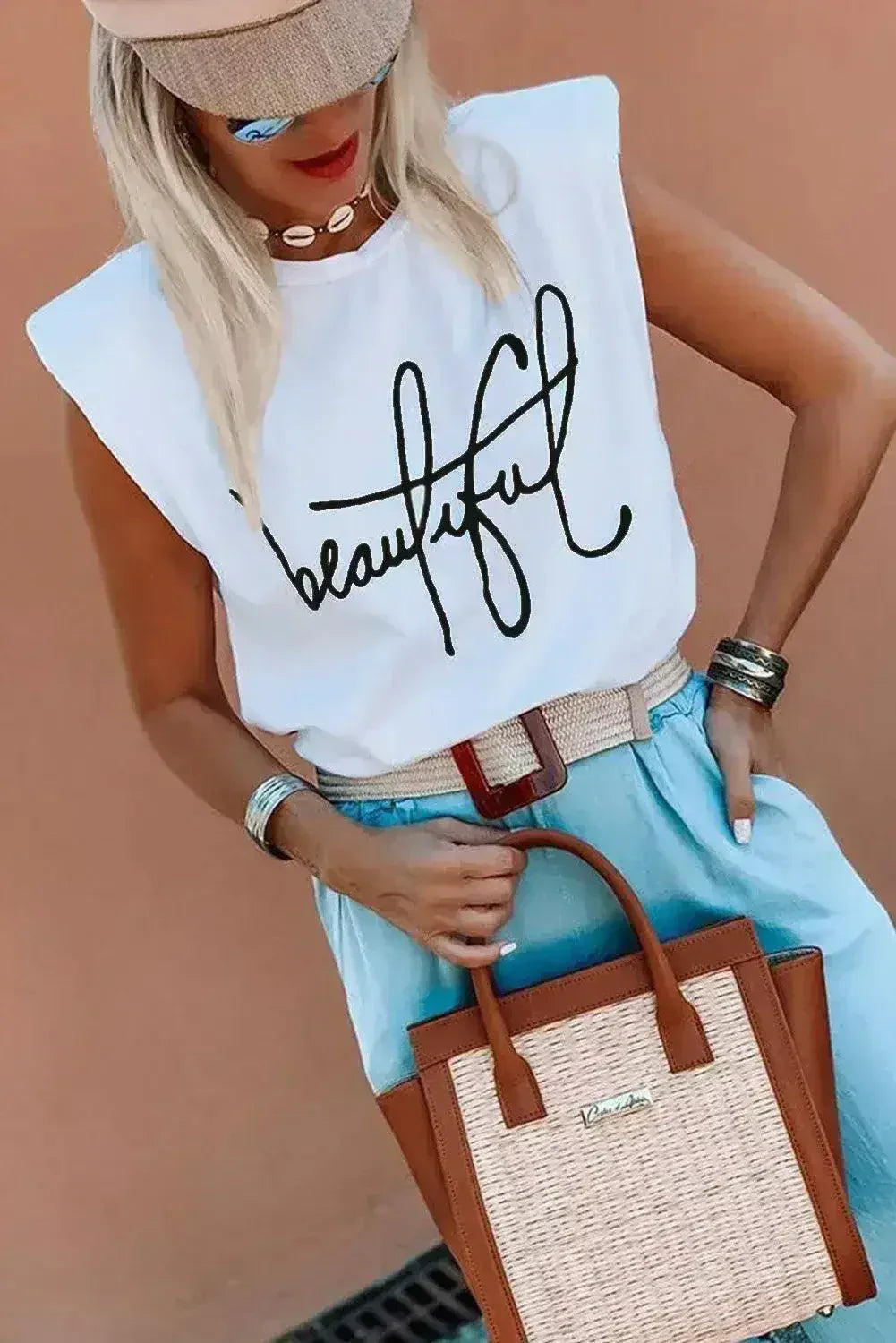 Padded Shoulder Letter Print Tank Top - SJB-DIAMOND ELITES