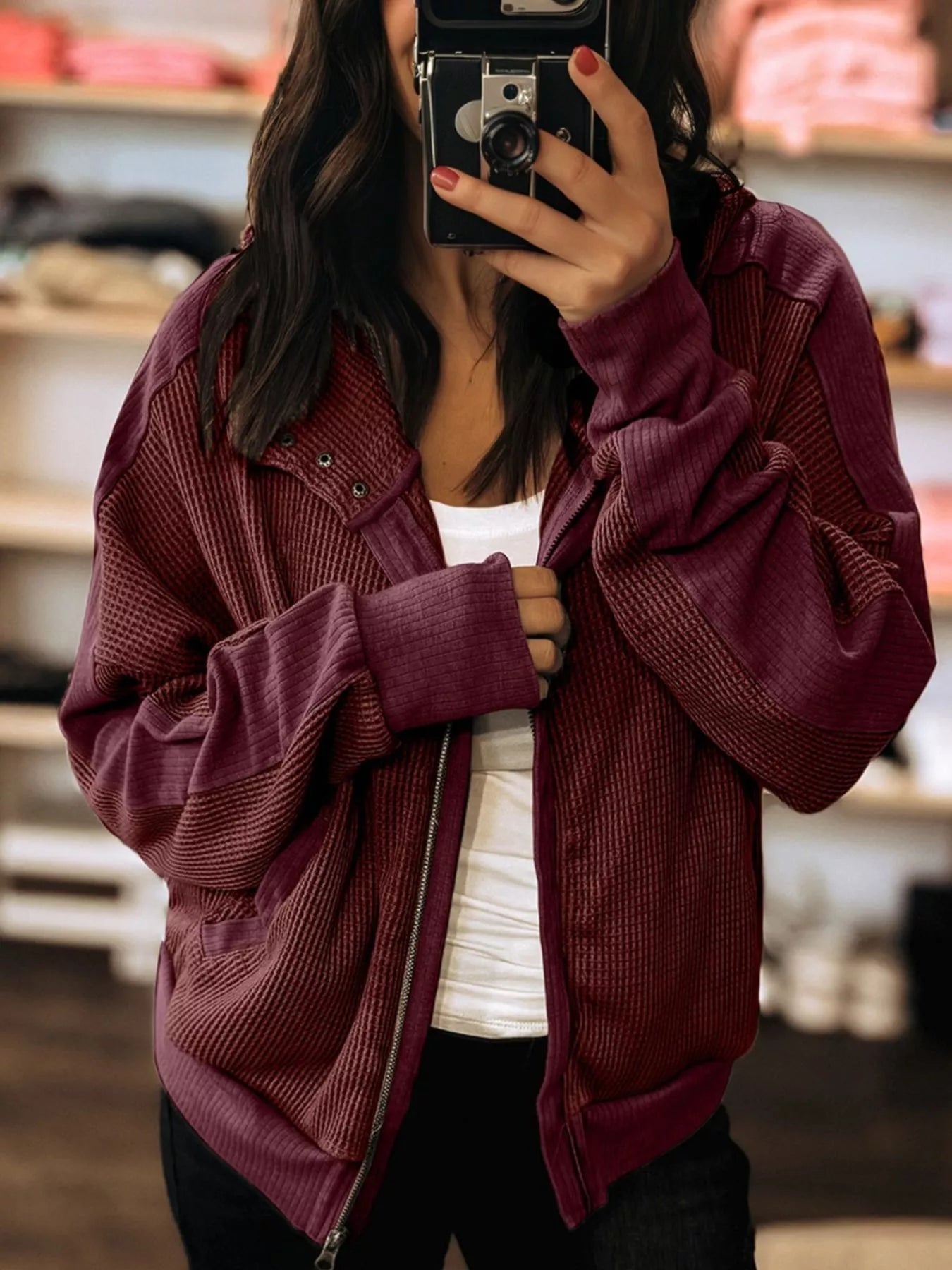 Waffle Zip Up Hooded Jacket with Pockets THRIXINE