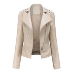 Beaded Leather Women's Long-sleeved Fashion Jacket Lapel Motorcycle Clothing Thin Women's Jacket Pi-Mart