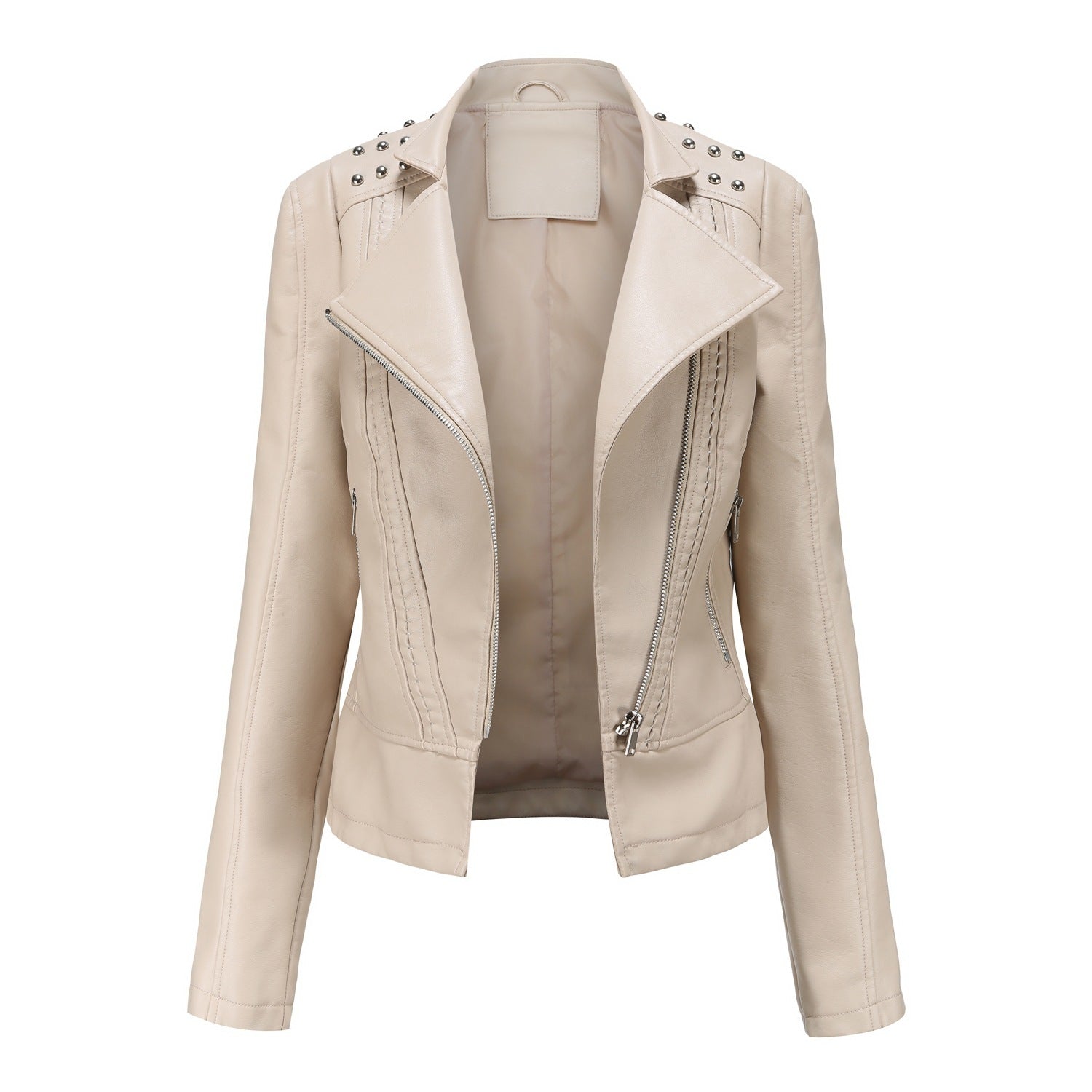 Beaded Leather Women's Long-sleeved Fashion Jacket Lapel Motorcycle Clothing Thin Women's Jacket Pi-Mart