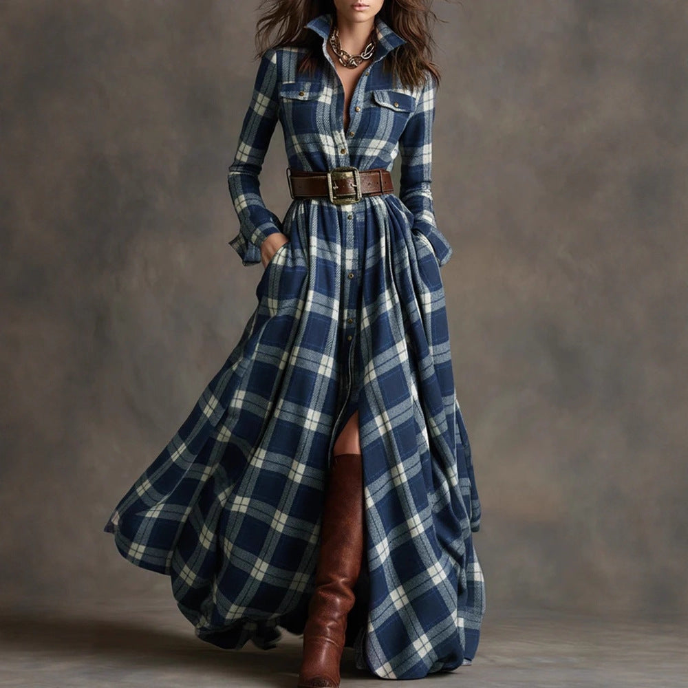 Large Size Women's Clothing French Retro Grid Slim Irregular Dress Pi-Mart