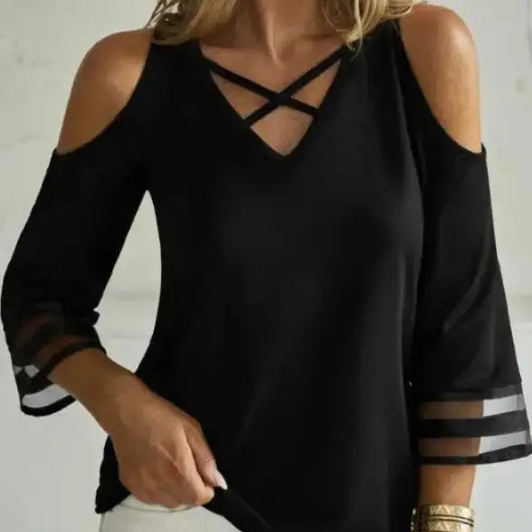 Ladies' Solid Color Collar Cross Design Off Shoulder Fashionable Casual Mid Long Sleeved T-shirt Top - SJB-DIAMOND ELITES