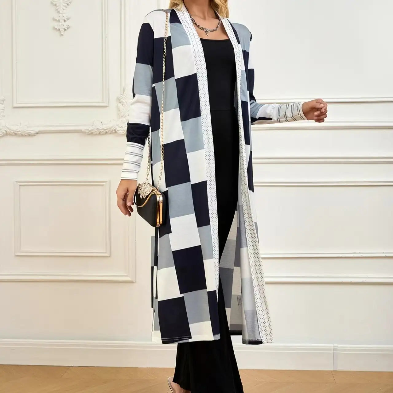 Women's Jacket Color Block Long Outer Sleeve Cardigan Casual Coat Open Front Coat Black - SJB-DIAMOND ELITES