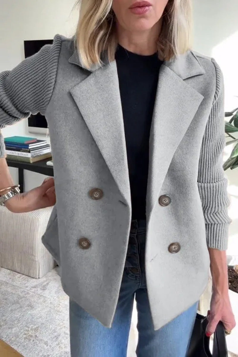 Double Breasted Lapel Jacket Fashion Knitted Sleeves Splicing Design Coat Outerwear Women's Clothing Pi-Mart
