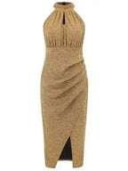 Slit Ruched Mock Neck Sleeveless Dress
