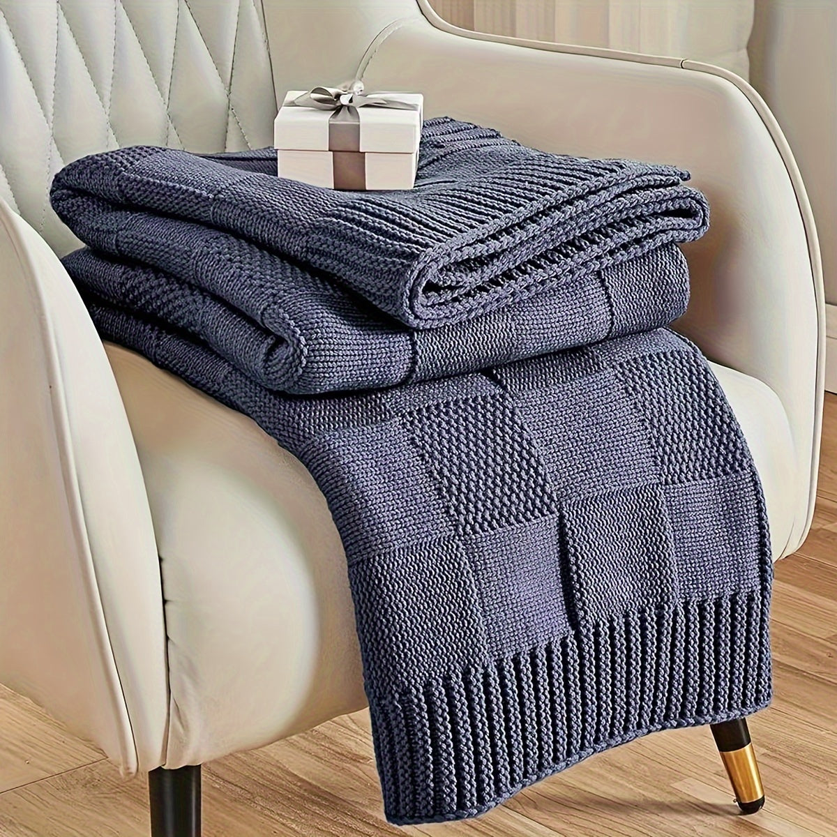 1pc Knit Throw Blanket, White Checkered Throw Blanket For Couch, Soft Cozy Warm Knitted Throw Blanket For Bed Sofa Lootquake LLC
