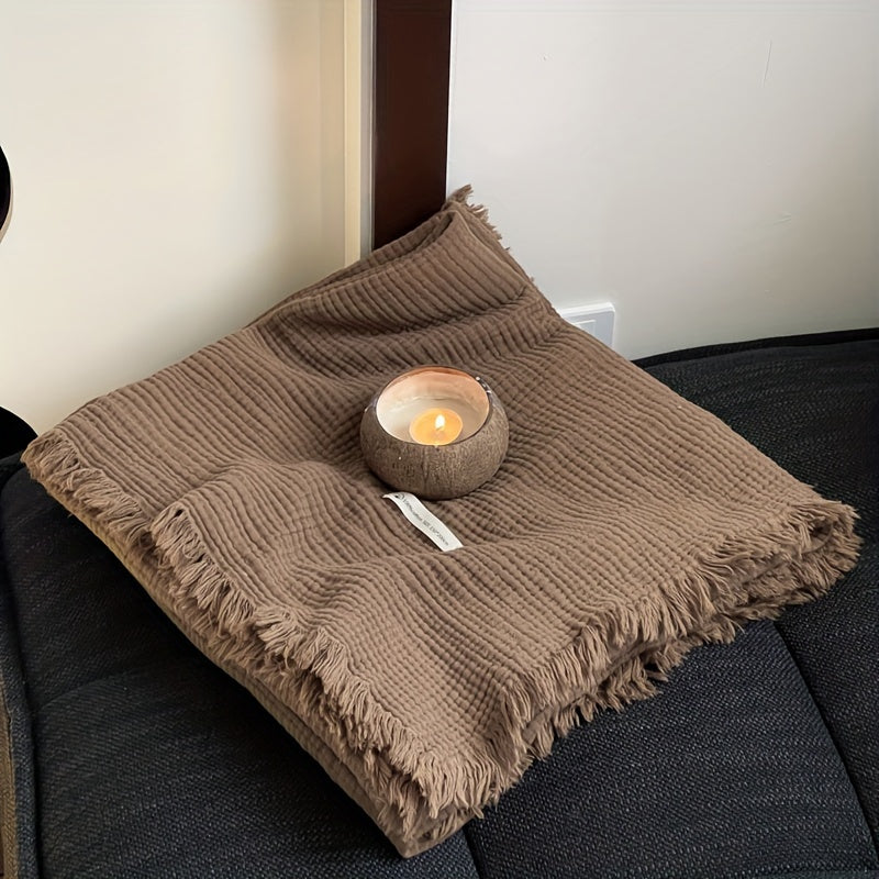 1pc Cotton Crinkle Tassel Blanket Solid Color Nap Blanket Leisure Travel Sofa Bed Blanket