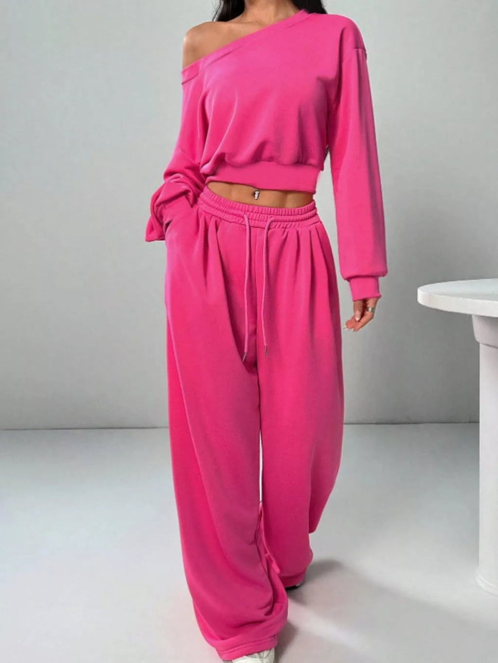 Boat Neck Long Sleeve Top and Pants Set THRIXINE