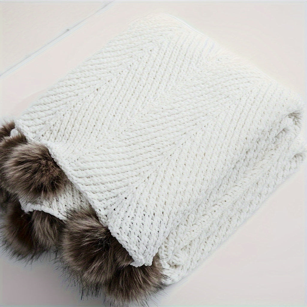 Vintage Chunky Knit Throw Blanket with Pom-pom Embellishment, Space Theme, All Seasons Polyester Cover, Knitted Casual Office Living Room Bedroom Nap Sofa Bed End Blanket 1PC Lootquake LLC