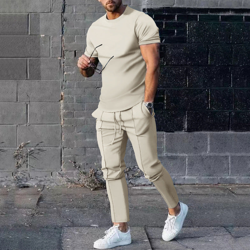 Solid Color Casual Round Neck Short Sleeves T-shirt Trousers Two-piece Set Lootquake LLC
