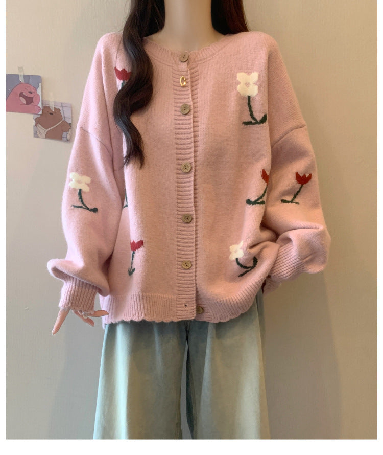 Idle Style Loose Youthful-looking Embroidered Flower Knitted Cardigan Sweater Pi-Mart