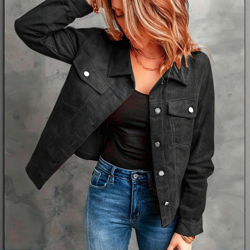 Women's Corduroy Long Sleeve Jacket - Casual Button-Up Coat With Flap Pockets Pi-Mart