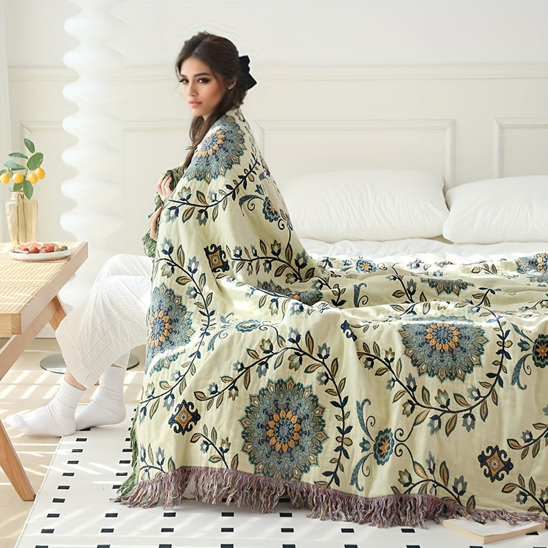 1pc Cotton Multi-layer Gauze Throw Blanket With Tassel Flower And Leaf Pattern Sofa Towel Blanket Air Conditioning Blanket Summer Cooling Quilt Towel Double-sided Available Multi-function Blanket, Machine Washed, And Reusable Lootquake LLC