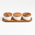 Ceramic Condiment Set With Acacia Wood Base 13in x 3.75in - 3 Bowls With Lids
