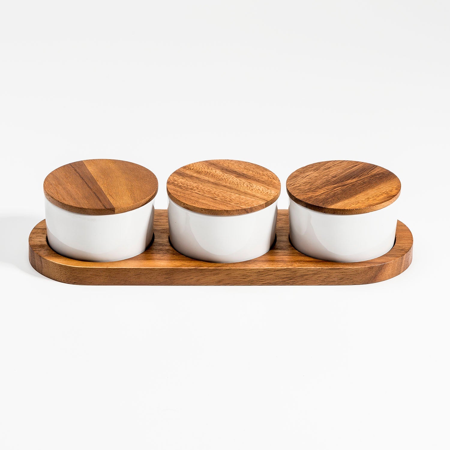 Ceramic Condiment Set With Acacia Wood Base 13in x 3.75in - 3 Bowls With Lids