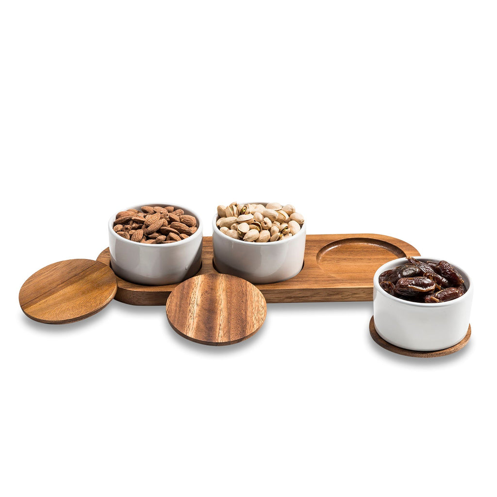 Ceramic Condiment Set With Acacia Wood Base 13in x 3.75in - 3 Bowls With Lids