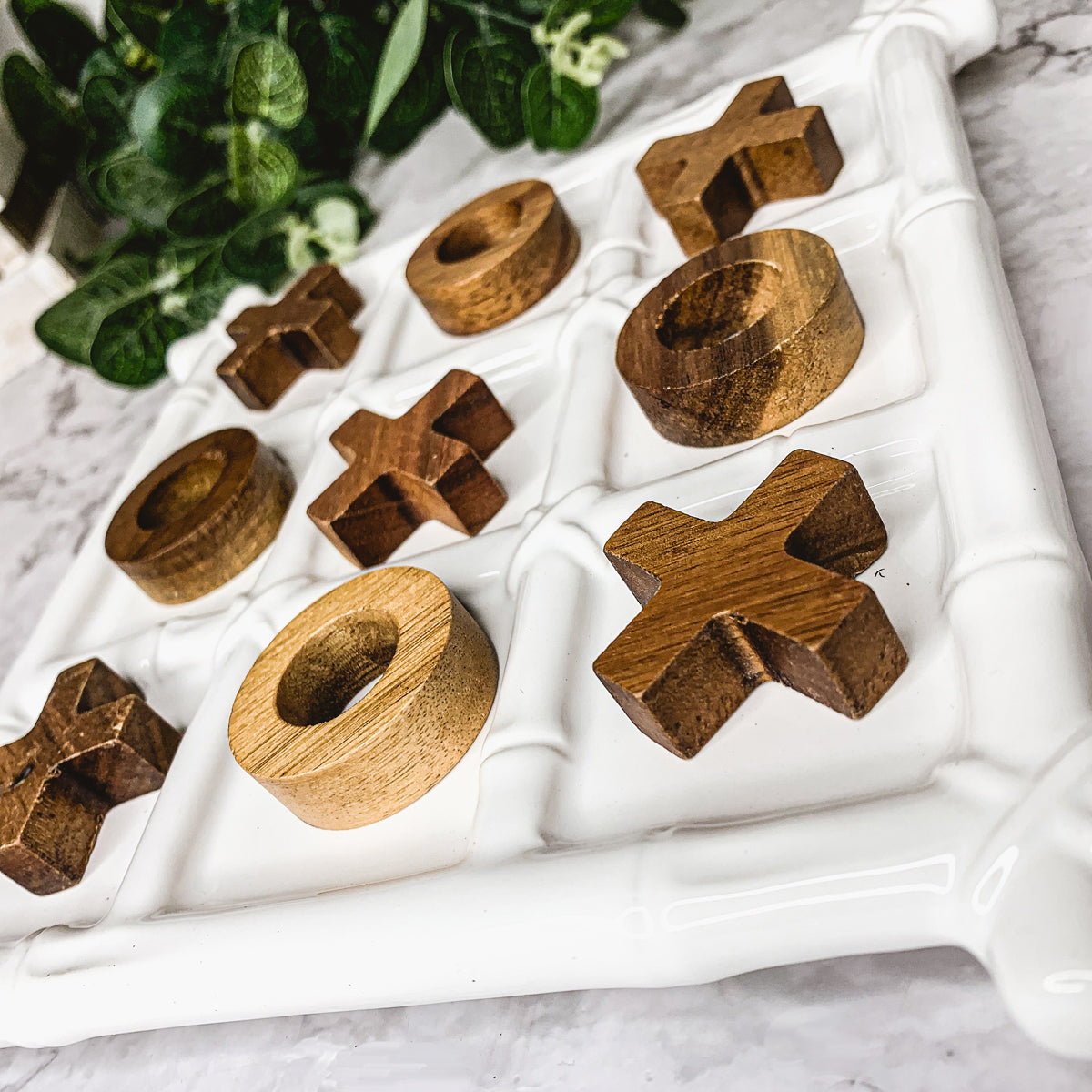 Ceramic Tic Tac Toe Game Faux Bamboo Board With Acacia Wood Pieces, Decor