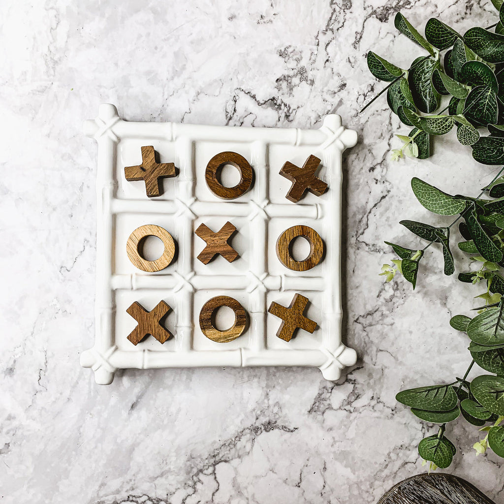 Ceramic Tic Tac Toe Game Faux Bamboo Board With Acacia Wood Pieces, Decor